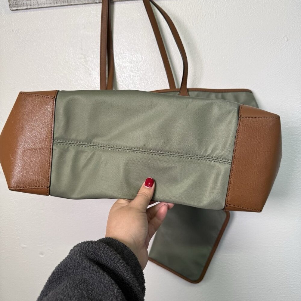 Michael Kors Eva Large Nylon Leather Tote Wh Match Pouch Army Green Timeless - Picture 3 of 16